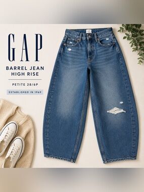 NWT Gap Barrel Jean High Rise Wide Leg Jeans Petite 28/6P Medium Wash Distressed